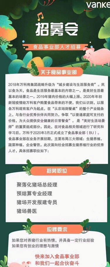 万科要开始养猪？招募5个岗位办养猪场，新增食品事业部