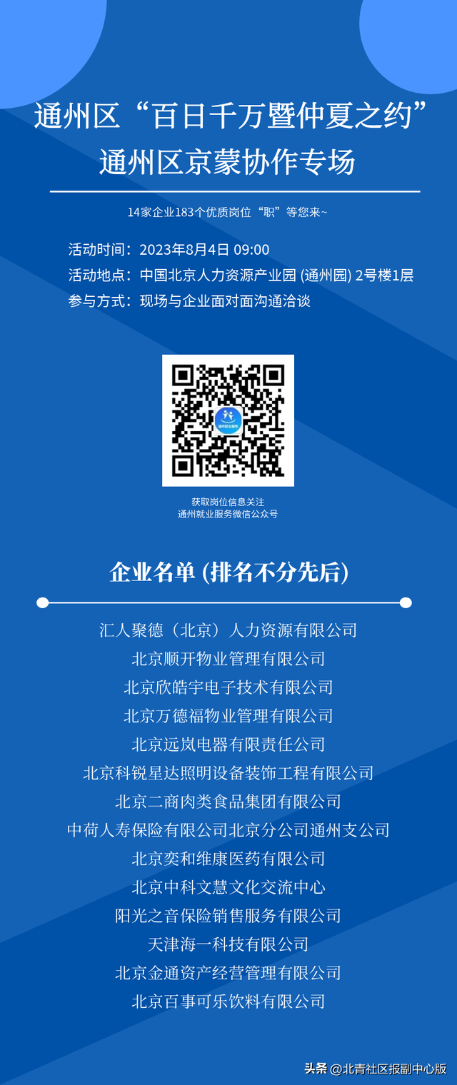 共招273人！通州两场招聘会：岗位月薪最高25000元，还有加班费和提成！