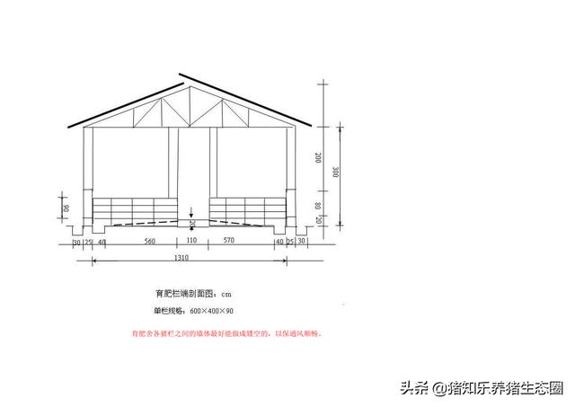 猪舍、猪场的平面图；刨面图及100头母猪的栏位计算参考
