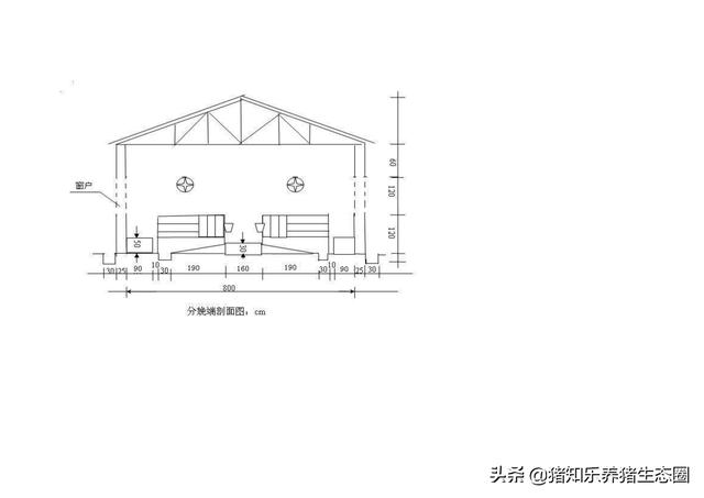 猪舍、猪场的平面图；刨面图及100头母猪的栏位计算参考