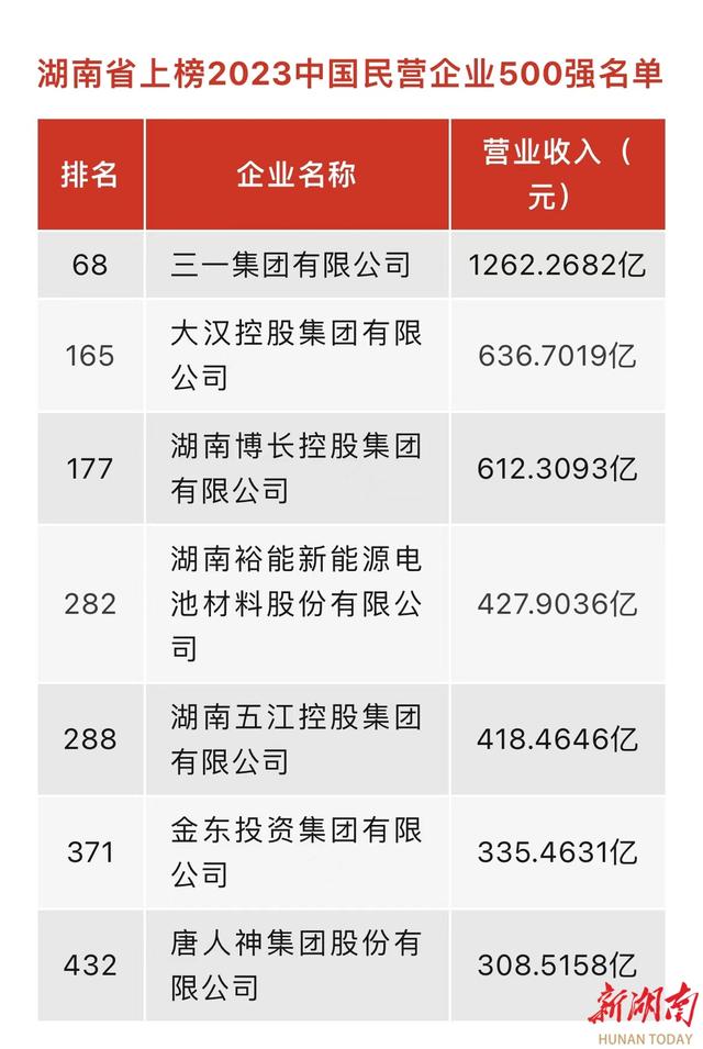 湖南裕能、唐人神首次入围！7家湘企上榜2023中国民营企业500强