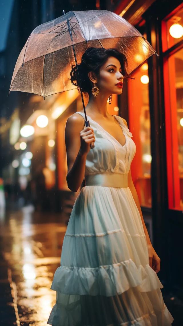 AI美女写真图，雨夜中的诱惑，那抹婉约动人的唯美风景线